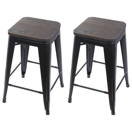 Backless Black Metal Barstools With Wooden Seat, Set of 2