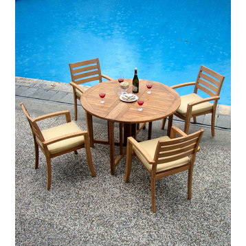 5-Piece Dining Set, 48" Round Butterfly Table, 4 Travota Stacking Arm Chairs