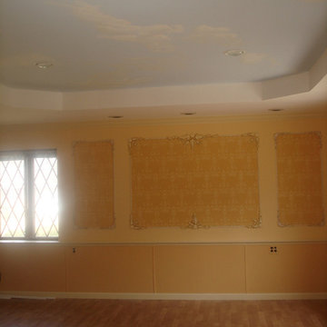 Living room. Mill work. Custom mural. Stencil.