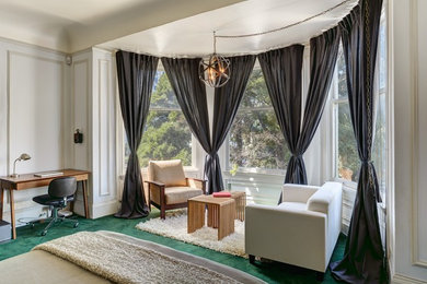 Bedroom - small transitional master carpeted and green floor bedroom idea in San Francisco with white walls