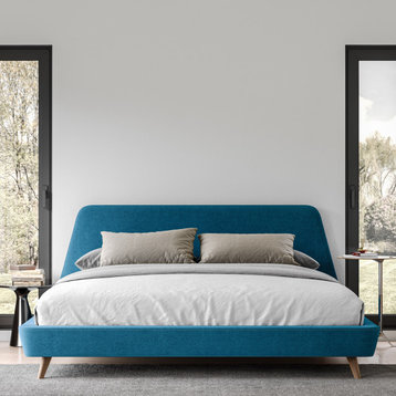 Henry Mid-Century Modern Upholstered Platform Bed, Blue, King