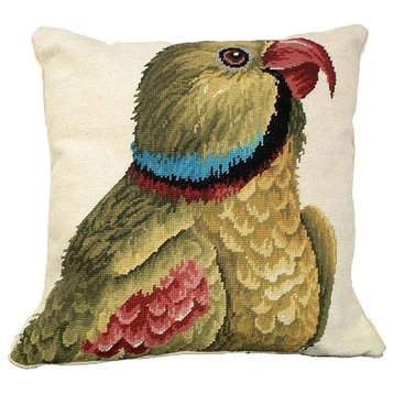 Throw Pillow Needlepoint Parrot Looking Right Bird 18x18 Beige Wool