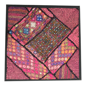 Mogulinterior - Indian Pillow Sham Banjara Embroidery Pink Mirror Work Wall Art - Decorative Pillows