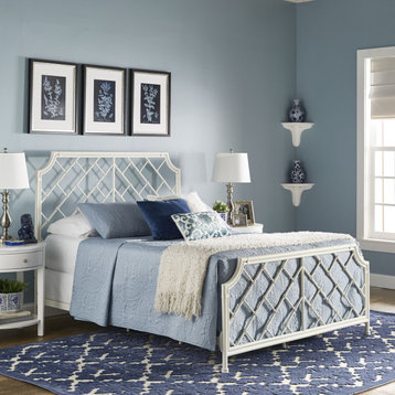 Unique Queen Platform Bed, Scalloped Headboard With Geometric Pattern, White