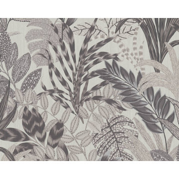 Floral Textured Wallpaper, Palm Leaves 378604, Gray White, 1 Roll