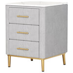 Homary - Modern Nightstand Gray Velvet Upholstered Bedside Table 3 Drawers With Stone Top - Stylish and classy, the gray velvet nightstand is a fantastic compartment with three drawers built of high-quality MDF wood that's also robust and long-lasting, and resistant to wear. All the three drawers of this gorgeous storage unit are ornamented with golden metal pulls, positioned on each of the three drawer front sides of the table. Refresh the bedroom with this modern completely velvet upholstered nightstand, which is guaranteed to bring a splash of color and sophistication to your sleeping quarters. Depending on the room needs, this velvet nightstand could be utilized as an end of the sofa in the living room, bedroom, hotel, or restaurant.