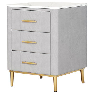 Modern Nightstand Gray Velvet Upholstered Bedside Table 3 Drawers With Stone Top