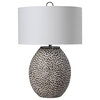 Rustic End Table Lamp, Gray Crackled Ceramic Base With Linen Fabric Shade
