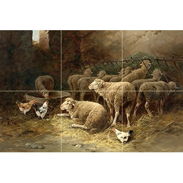Tile Mural Kitchen Backsplash Sheep and Chickens in a Barn, Ceramic Glossy