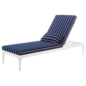 Modern Outdoor Lounge Chair Chaise, Fabric Metal Steel, White Navy