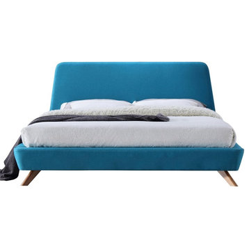 Omax Decor Henry Wood and Fabric Upholstered King Platform Bed in Blue