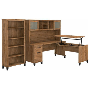 Somerset Sit to Stand L Desk Set with Bookcase in Fresh Walnut - Engineered Wood