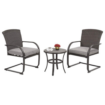 3 Piece Patio Set, Wicker Covered Frame and Cushioned Chairs, Brown
