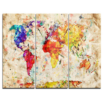 "Vintage World Map Watercolor" Maps Metal Wall Art, 3 Panels, 36"x28"