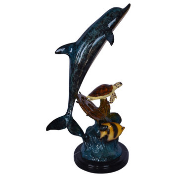 Dolphin with A Turtle, Anchor and Fish Bronze Statue - Size: 6"L x 10"W x 19"H