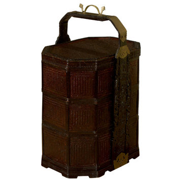 Vintage Octagonal Three Tiered Chinese Woven Lunchbox