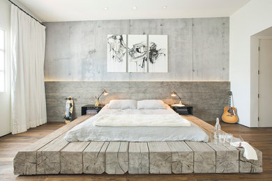 Photo of a large industrial master bedroom in Santa Barbara with medium hardwood floors and grey walls.