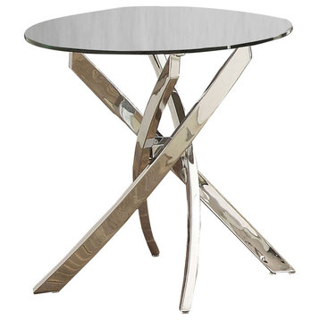 Benzara BM208060 Round Glass Top End Table with Criss Cross Metal Base, Silver