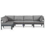 Meridian Furniture - Nizuc Water Resistant Patio L-Shaped Modular Sectional, Gray, 5-Piece: 3 Armless Chair, 2 Corner Chair, Dark Gray Aluminum Frame - Pick and choose your favorites from the Nizuc collection to create a modular seating group the whole gang will enjoy. The sturdy aluminum frame provides dependable support for friends and family as they relax and unwind, and the resilient grey water resistant fabric stands up to the elements without losing its beautiful demeanor, so you can count on it lasting for the long haul. Latches beneath these seating pieces help you easily attach them to one another for convenient setup.