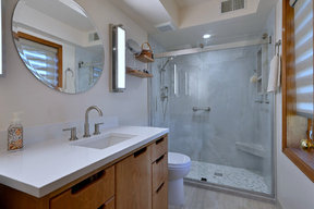 Modern Mid-Century Bathroom Remodel with Warm Wood Custom Vanity