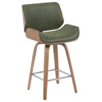 Armen Living - Tyler Counter Height Swivel Bar Stool With White Washed and Vintage Green - Bring a touch of Mid-Century charm and functional elegance to your home with the Tyler Swivel Counter and Bar Stool Collection. With its contoured wrap-around backrest, gently flared silhouette, and comfortably cushioned seat, Tyler delivers an elevated seating experience ideal for kitchen islands, peninsulas, and home bars. The modern, sculpted form supports your back while offering a soft, ergonomic curve that enhances posture and visual flow. Engineered for versatility, the Tyler stool features a smooth 360-degree swivel mechanism, allowing you to stay engaged and mobile during conversations or meals. The generously padded seat and back are upholstered in performance faux leather, offering the luxurious feel of leather with everyday durability and easy cleaning. The collection includes several rich upholstery choices, such as vintage green, vintage brown, black, gray, and cream, carefully paired with frame finishes like walnut, black brushed, and white wash to suit a variety of interior aesthetics. The base is crafted with a strong bentwood frame and a chrome-finished steel footrest, combining retro character with strength and stability. Available in counter height and bar height to fit your layout, the Tyler collection makes it easy to style any gathering space with comfort, swivel functionality, and timeless flair.