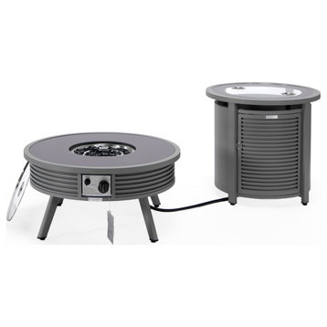 LeisureMod Walbrooke Round Fire Pit Table and Tank Holder With Slats, Gray