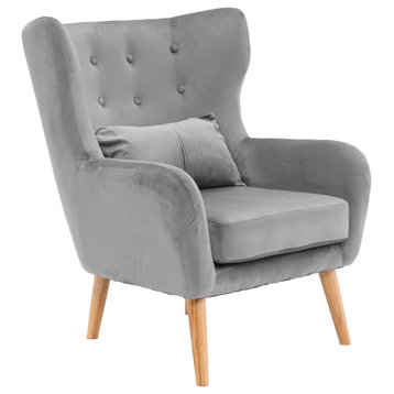Faux Velvet Wingback Accent Chair With Wooden Legs, Gray