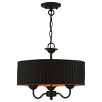 Livex Lighting - Livex Lighting 3 Light Black Pendant Chandelier - The three-light Harrington pendant chandelier combines floral details and casual elements to create an updated look. The hand-crafted black fabric hardback pleated drum shade is set off by an inner silky orange fabric that combines with chandelier-like black finish sweeping arms which creates a versatile effect. Perfect fit for the living room, dining room, kitchen or bedroom.