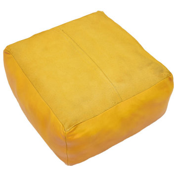 Solid Handmade Leather Pouf (Recycled Foam with Fibre Fill) PF12, Mustard, [Square] 21x21x12