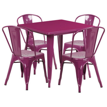 31.5'' Square Purple Metal Indoor-Outdoor Table Set With 4 Stack Chairs