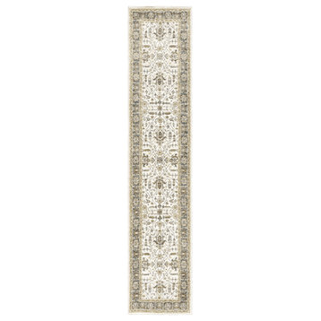 2' X 10' Ivory Grey And Blue Oriental Power Loom Stain Resistant Runner Rug