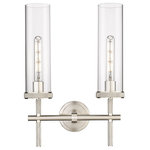 Innovations Lighting - Lincoln, 2 Light 12" Vanity Light, Satin Nickel, Clear Glass - The Lincoln collection makes a statement with bold and striking details. The impressive glass cylinder shade sits atop a refined metal frame that features perfectly placed knurling details. Lincoln is a gorgeous addition to traditional or restoration decor.