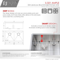STYLISH 32"L x 18"W Stainless Steel Low Divider Undermount Kitchen Sink