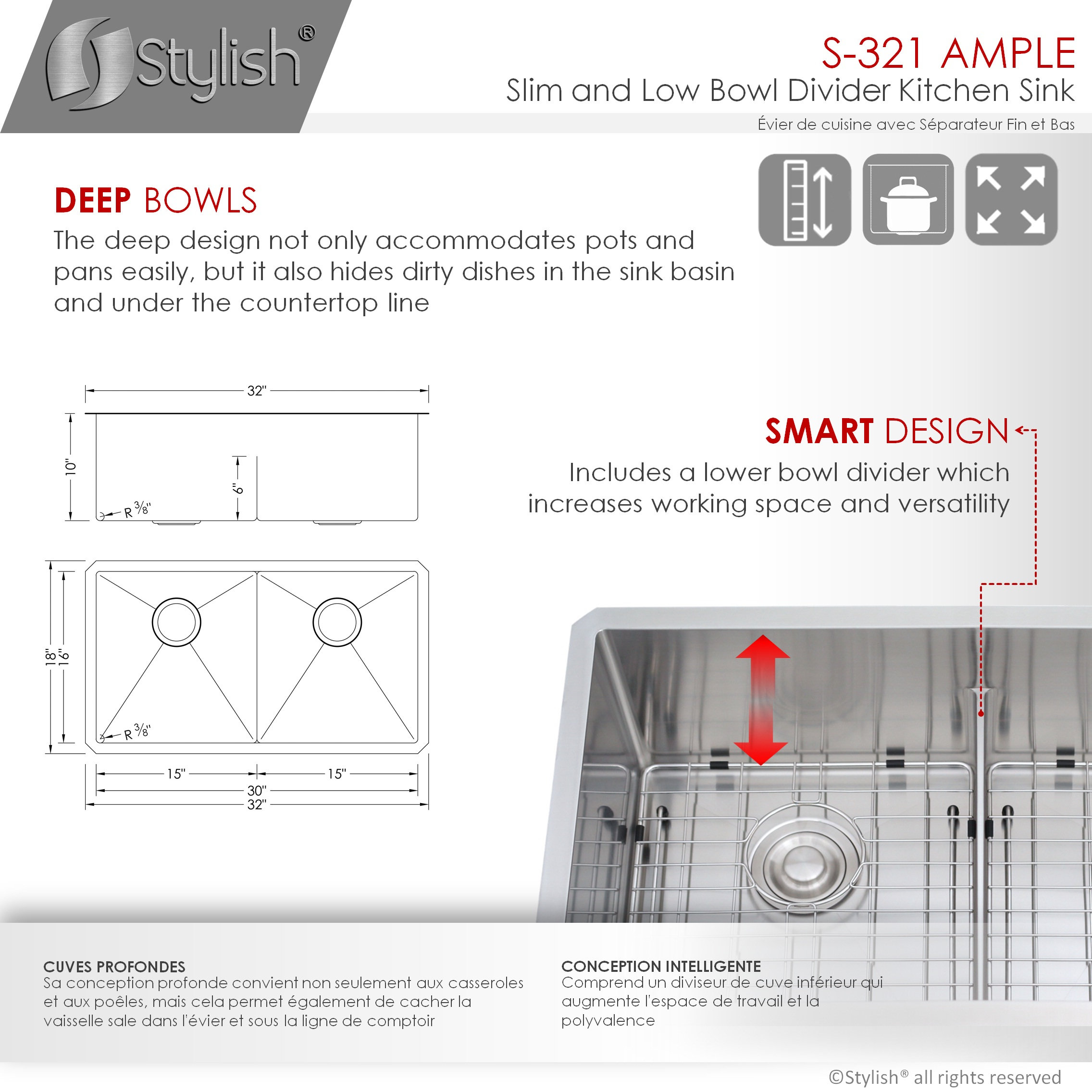 STYLISH 32"L x 18"W Stainless Steel Low Divider Undermount Kitchen Sink