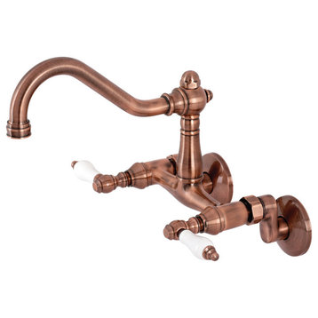 KS322PLAC Vintage 6" Adjustable Center Wall Mount Kitchen Faucet, Antique Copper