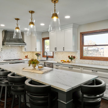 White Kitchen with Beverage Center and Large Island