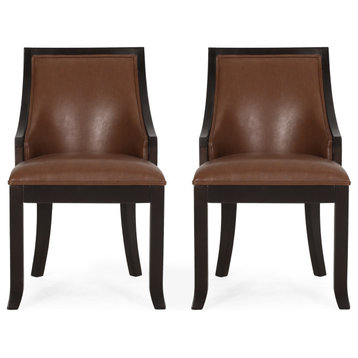 Monita Upholstered Birch Wood Dining Chairs, Set of 2, Cognac + Walnut, Pu + Birch