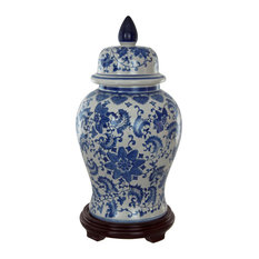 18" Floral Blue and White Porcelain Temple Jar