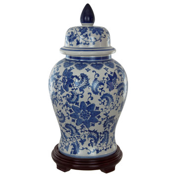 18" Floral Blue and White Porcelain Temple Jar