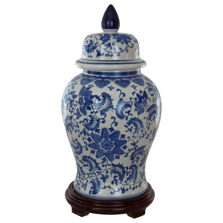 18" Floral Blue and White Porcelain Temple Jar