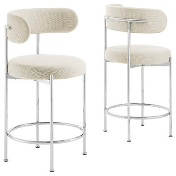Modway Albie 25.5" Fabric Counter Stool in Beige and Silver (Set of 2)