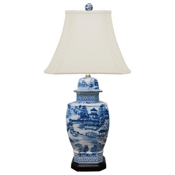 Blue and White Blue Willow Porcelain Temple Jar Table Lamp 27"