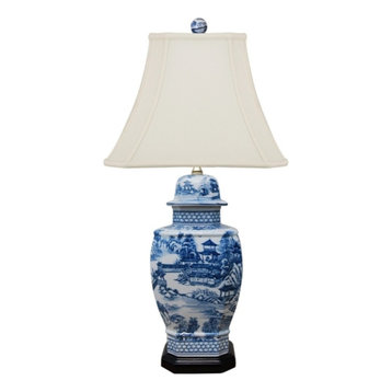 Blue and White Blue Willow Porcelain Temple Jar Table Lamp 27"