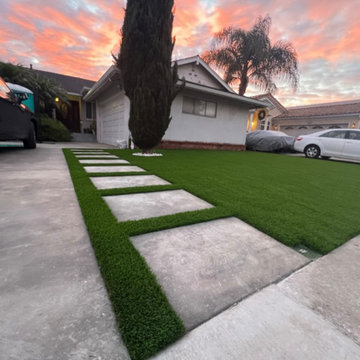 Modern Front Yard Artificial Turf with Concrete Walkway | Torrance, CA