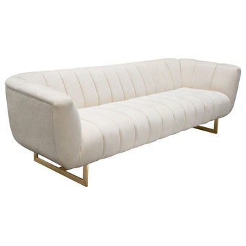 Venus Cream Fabric Sofa With Contrasting Pillows and Gold Finished Metal Base
