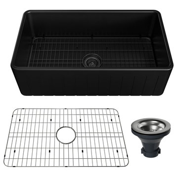 33in Single Bowl Fireclay Farmhouse Apron Kitchen Sink with Grid and Drainer, Matte Black