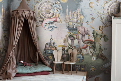 Imagen de dormitorio infantil de 4 a 10 años moderno grande con papel pintado