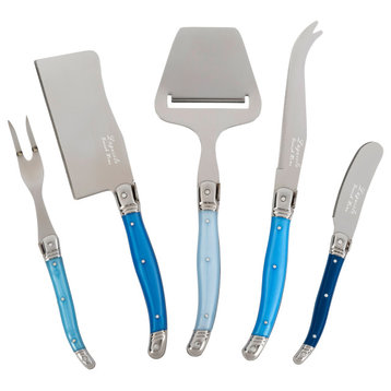 French Home Laguiole 5 Piece Cheese Knife, Fork and Slicer Set, "Shades of Blue"
