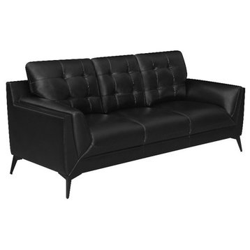 Modern Sofa, PU Leather Seat With Biscuit Tufted Back & Padded Track Arms, Black