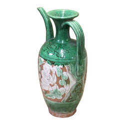 Chinese Cizhou Ware Ceramic Green Glaze Graphic Jar Vase - Vases